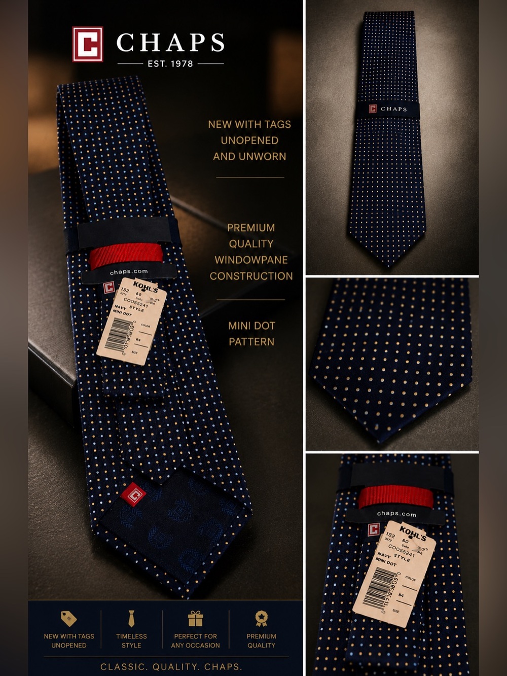 Chaps Navy Tie with Gold Dot Pattern NWT